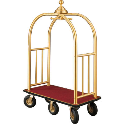 Glaro Ball Crown Bellman Cart 48x25 Satin Brass Burgundy Carpet, 6 Black Pneu Wheels