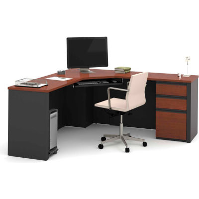 Bestar® Corner Desk with Pedestal - Bordeaux and Graphite - Prestige + Series