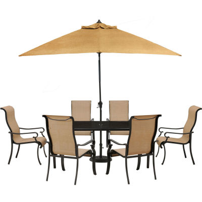 Hanover Brigantine 7 Piece Outdoor Dining Set W Glass Top Table Umbrella Harvest Wheat B2175033 Globalindustrial Com