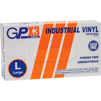 Ammex® GPX3 Industrial Grade Vinyl Gloves, 3 Mil, Powder-Free, XL, Clear, 100/Box