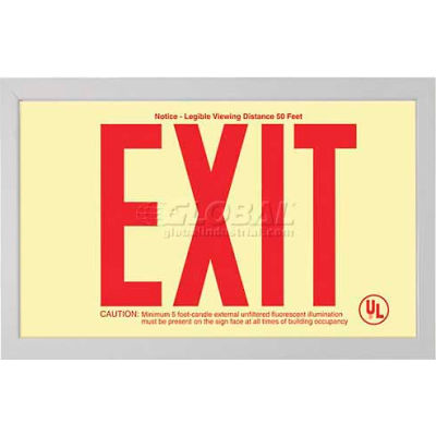 Double-Sided Rigid Plastic `Red' Exit Sign Inside Silver-Colored Brushed Aluminum Frame