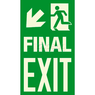 Photoluminescent Final Exit "Man Left/Arrow Left Down" NYC Mea-Listed Aluminum Sign