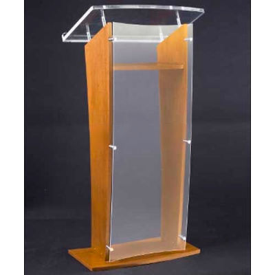 Amplivox Clear Acrylic and Wood Floor Lectern / Podium H-Style with Shelf - Cherry