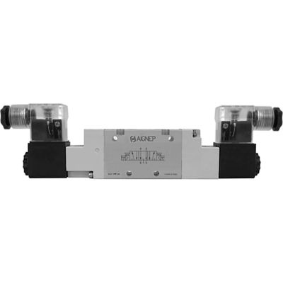 Aignep USA 5/3 Open Cntr G 1/2 Dbl Solenoid Valve, Pilot Spring Cntred, 24V DC/2W Coil, LED Conn.