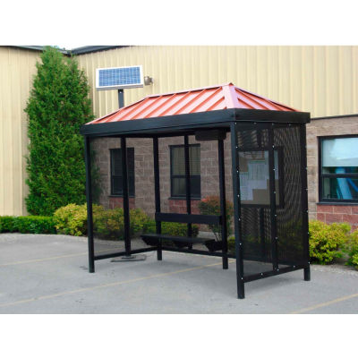 Heavy Duty Bus Smoking Shelter With Solar LED, Hip, 4-Side, L/R Front Open, 5' X 12', Green
