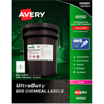 Avery® GHS Chemical Waterproof & UV Resistent Labels, Laser, 4-3/4" x 7-3/4",100/Box