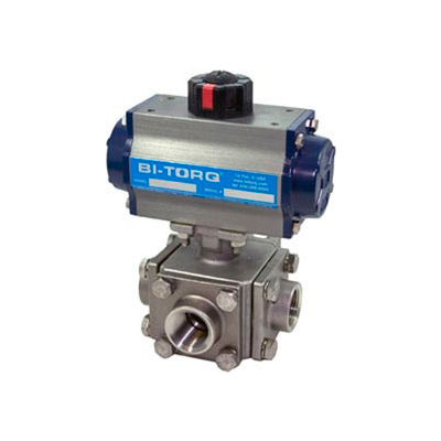 BI-TORQ 1" 3-Way T-Port SS NPT Threaded Ball Valve W/Spring Ret. Pneum. Actuator