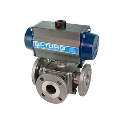BI-TORQ 3" 3-Way T-Port SS 150# Flanged Ball Valve W/Dbl. Acting Pneum. Actuator