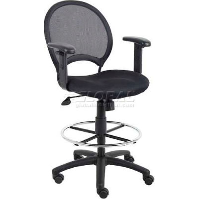 Boss Mesh Drafting Stool with Adjustable Armrest - Fabric - Black