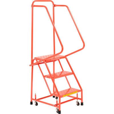 Perforated 16"W 3 Step Steel Rolling Ladder 10"D Top Step W/ Handrails - Orange - H318P-O