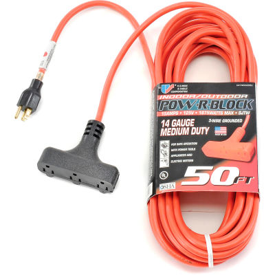 U.S. Wire 62050 50 Ft. Three Conductor Orange Cord W/Pow-R Block, 14/3 Ga. SJTW-A, 300V, 15A