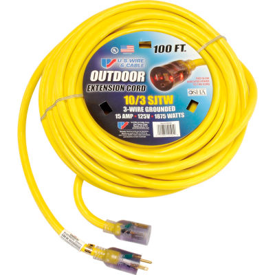 U.S. Wire 68100 100 Ft. Single Tap Extension Cord w/ Lighted Ends, 10/3 Ga. SJWT-A, 300V, Yellow