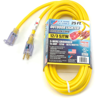 U.S. Wire 74025 25 Ft. Power-On Illuminated Plug Temp-Flex-35 Cord, Yellow, 300V, SJTW-A 12/3
