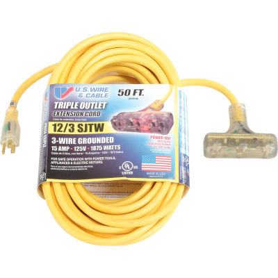 U.S. Wire 76050 50 Ft. 12/3 SJTW-A Pow-R-Block Extension, Round, Yellow, 300V, Illuminated Plug