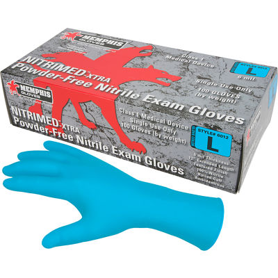 MCR Safety 6012 Nitri-Med Nitrile Medical/Exam Textured Gloves, Powder-Free, Blue, 12"L, XL, 100/Box
