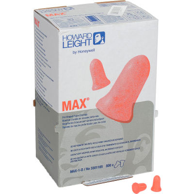 Howard Leight™ MAX-1-D MAX® Ear Plugs, Disposable, NRR 33, Uncorded, 500 Pairs/Box