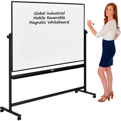 Global Industrial™ Mobile Reversible Whiteboard - 72 x 48 - Porcelain - Black Frame