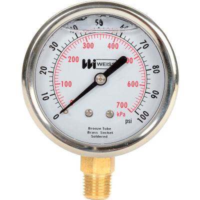 2 1/2" dial, liquid filled, 1/4" NPT bottom, 0-100 PSI