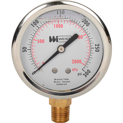 2 1/2" dial, liquid filled, 1/4" NPT bottom, 0-300 PSI
