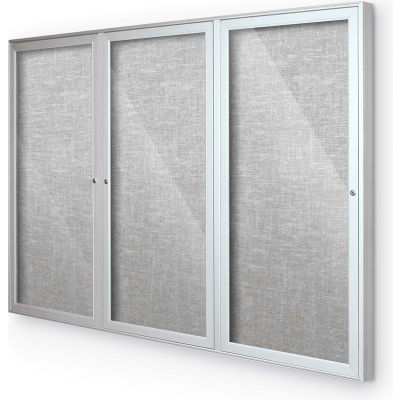 Balt® Indoor Enclosed Bulletin Board Cabinet,3-Door 96"W x 48"H, Silver Trim, Platinum