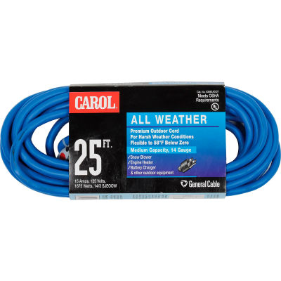 Carol 03660.63.07 25' All Weather Extension Cord, 14awg 15a/125v - Blue