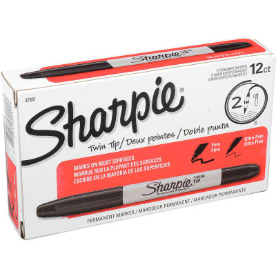Sharpie® Twin-Tip Permanent Marker, Fine/Ultra Point, Black Ink - Pkg Qty 12