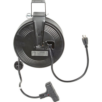 Bayco® SL-801 Triple Tap Extension Cord, Retractable Reel, 30'L Cord, 14/3 GA, BLK