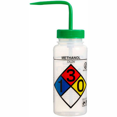 Bel-Art LDPE Wash Bottles 118160011, 500ml, Methanol Label, Green Cap, Wide Mouth, 4/PK