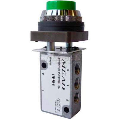 Bimba-Mead Air Valve LTV-FHR, 5 Port, 2 Pos, Manual, 1/8" NPTF Port, Red Flush Head Actr