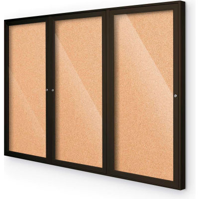 Balt® Outdoor Enclosed Bulletin Board Cabinet,3-Door 72"W x 36"H, Coffee Trim, Natural Cork