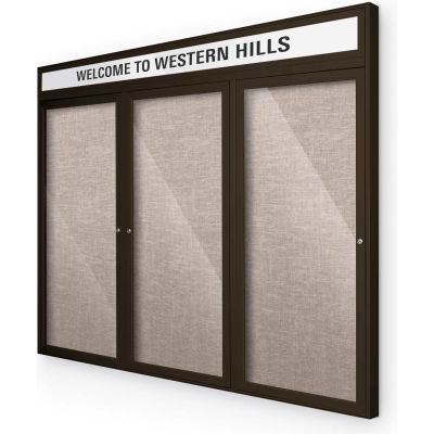 Balt® Outdoor Headline Bulletin Board Cabinet,3-Door 96"W x 48"H, Coffee Trim, Gray