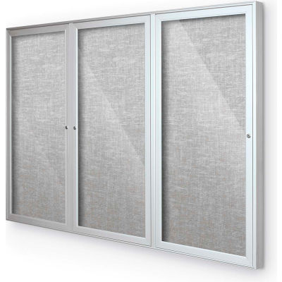 Balt® Outdoor Enclosed Bulletin Board Cabinet,3-Door 72"W x 36"H, Silver Trim, Platinum