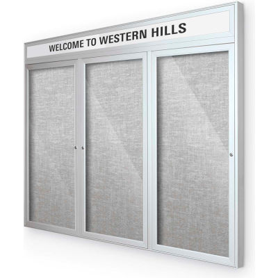 Balt® Outdoor Headline Bulletin Board Cabinet,3-Door 96"W x 48"H, Silver Trim, Platinum
