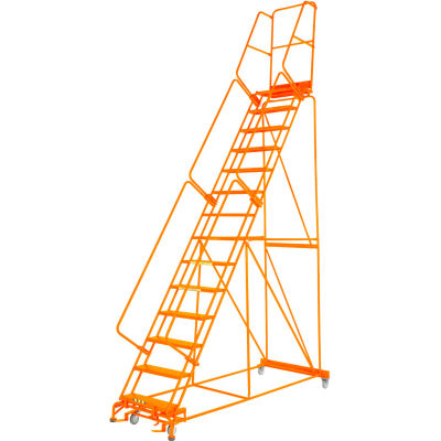 Grip 24"W 15 Step Steel Rolling Ladder 21"D Top Step W/ Handrail Lock Step - Orange - FS154021G-O