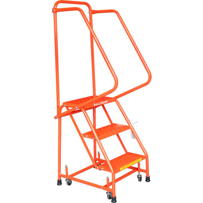 Perforated 16"W 3 Step Steel Rolling Ladder 10"D Top Step W/ Handrails - Orange - H318P-O