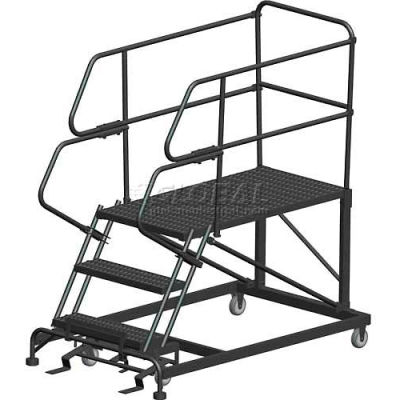 3 Step Heavy Duty Steel Mobile Work Platform W/ Handrails - 36" x 48" Platform - SEP3-36-48PD