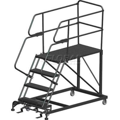 4 Step Heavy Duty Steel Mobile Work Platform W/ Handrails - 24" x 36" Platform - SEP4-24-36PD