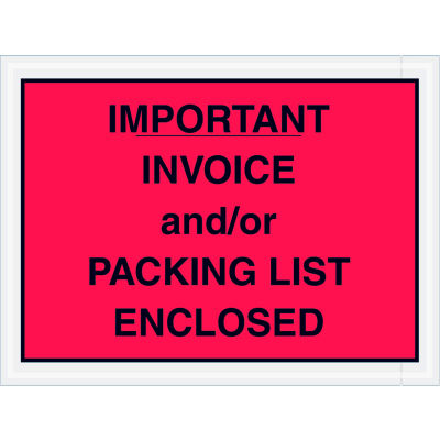 Full Face Envelopes - "Important Invoice and/or Packing List Enclosed" 4-1/2 x 6" Red - 1000/Case