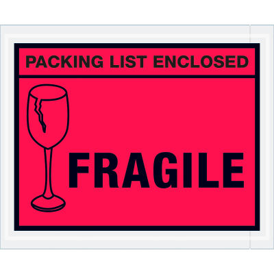 Full Face Envelopes, "Packing List Enclosed-Fragile" Print, 5-1/2"L x 4-1/2"W, Red, 1000/Pack