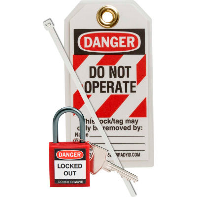 Brady® 123143 Compact Padlock Kit w/Lockout Tag, Red, Plastic Covered Steel