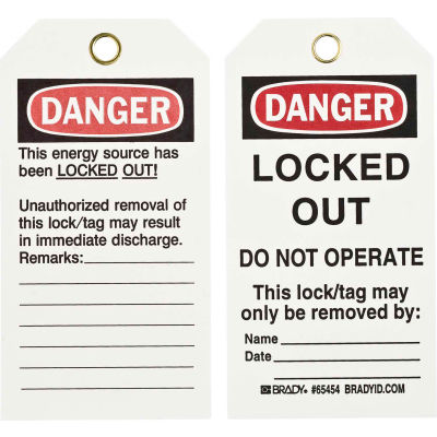 Brady® 65454 Lockout Tag- Danger Locked Out Do Not Operate, 2 Sided, Cardstock, 25/Pack