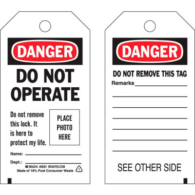 Brady® 65501 Lockout Tag- Danger Do Not Operate, Self-Laminating, Economy, Polyester, 25/Pack