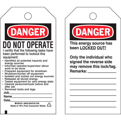 Brady® 66062 Lockout Tag- Danger Do Not Operate, 2 Sided, Polyester, 25/Pack