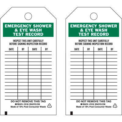 Brady® 76195 Emergency Shower & Eye Wash Test Record Tag, Polyester, 3