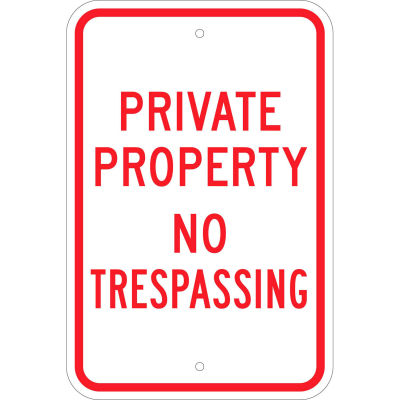 Brady® 80106 Private Property No Trespassing Sign, RD/WH, HIP Reflective, Aluminum, 12"W x 18"H