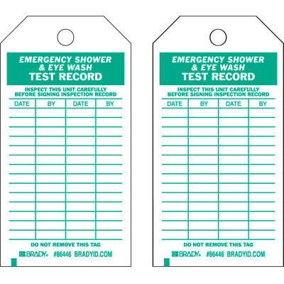 Brady® 86446 Emergency Shower & Eye Wash Test Record Tag, 10/Pkg, HD Polyester, 3"W x 5-3/4"H