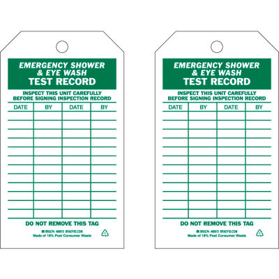 Brady® 86615 Emergency Shower & Eye Wash Test Record Tag, 2 Sided, 10/Pkg, Polyester, 4"W x 7"H