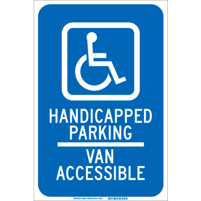 Brady® 90018 Handicapped Parking Van Accessible Sign, Blue/White, Aluminum, 12"W x 18"H