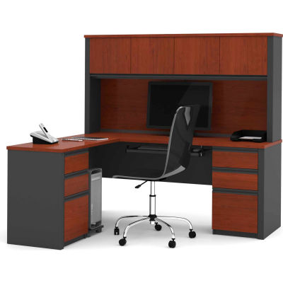 Bestar® L Desk with Hutch - Double Pedestal - 71" - Bordeaux & Graphite - Prestige+
