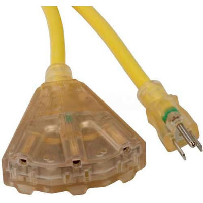 Bayco® SL-745L, 100'L Triple Tap Extension Cord w/ Lighted Ends, 14/3 GA, 15amp, Yellow